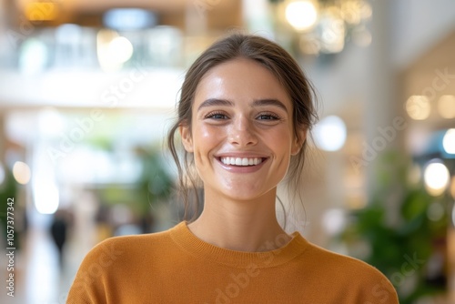 A woman with a radiant smile poses in autumn apparel, creating an elegant scene in a shopping mall filled with soft, ambient lighting and a serene atmosphere.