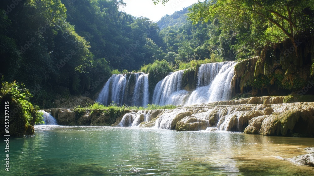 Breathtaking limestone waterfall, cascading water and lush greenery, Breathtaking limestone waterfall, cascading water and lush greenery,