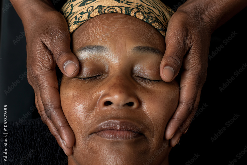 A serene close up portrait of person enjoying relaxing facial massage, showcasing tranquility and self care. gentle hands provide comfort and relaxation, enhancing peaceful atmosphere A serene close up portrait of person enjoying relaxing facial massage, showcasing tranquility and self care. gentle hands provide comfort and relaxation, enhancing peaceful atmosphere