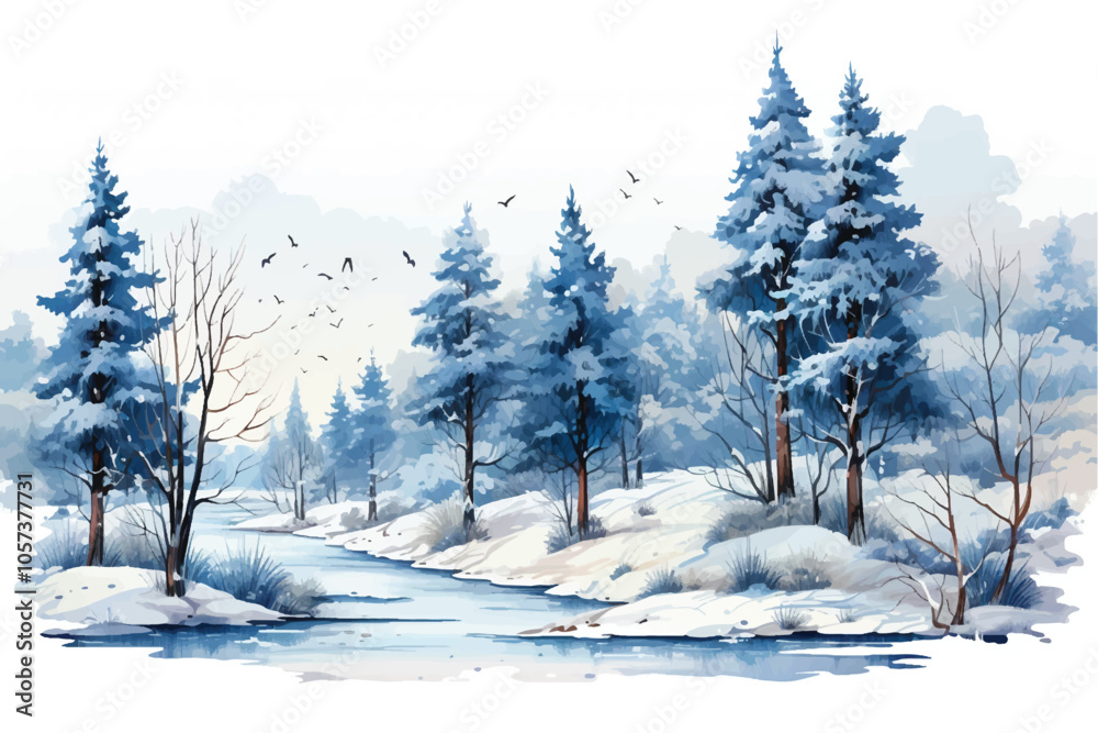 Watercolor illustration of a calm winter lake with fir trees on the horizon growing on snow-covered river banks