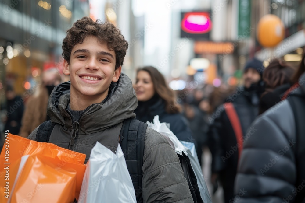 A cheerful teen in a jacket smiles while navigating a crowded city street with colorful shopping bags, amid diverse pedestrians and vibrant storefronts on a brisk day. A cheerful teen in a jacket smiles while navigating a crowded city street with colorful shopping bags, amid diverse pedestrians and vibrant storefronts on a brisk day.