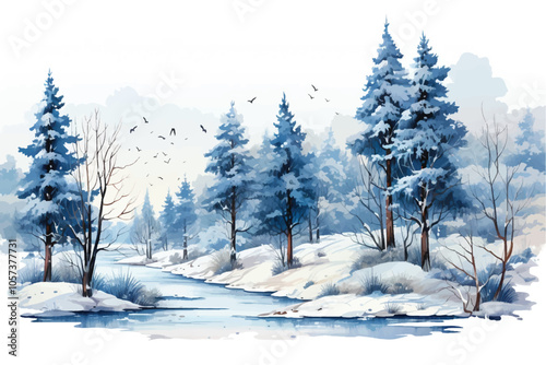 Watercolor illustration of a calm winter lake with fir trees on the horizon growing on snow-covered river banks