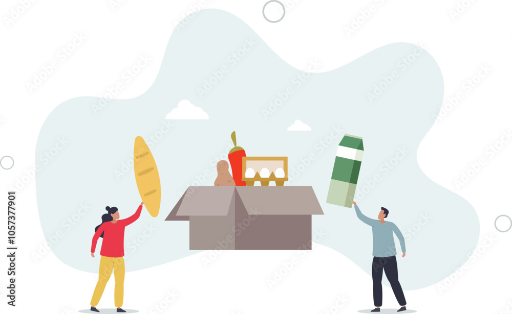 Humanitarian aid Charity concept.volunteers hold box with grocery products to help and support injured people.flat characters. Humanitarian aid Charity concept.volunteers hold box with grocery products to help and support injured people.flat characters.
