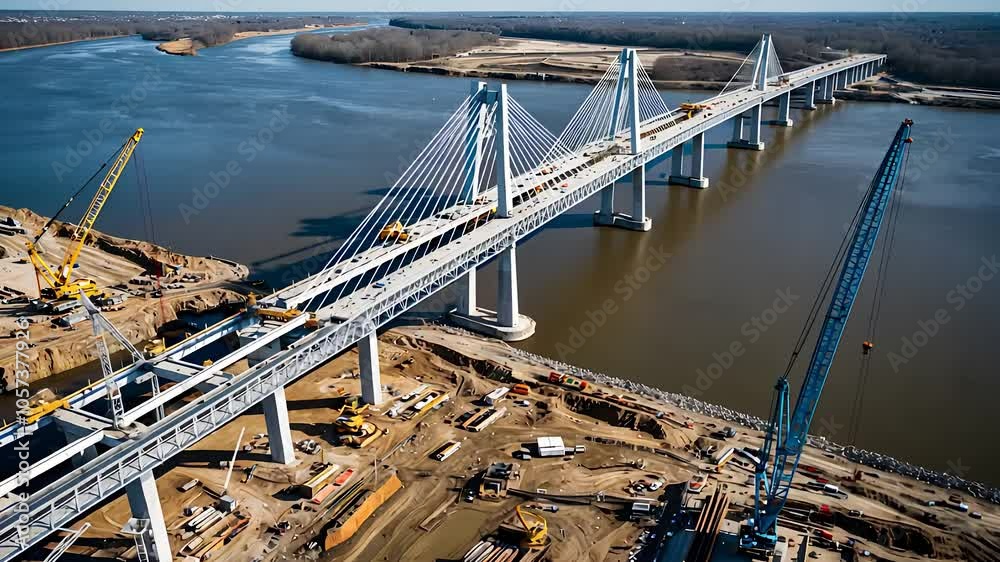 Large Suspension Bridge Construction Over River with Cranes

