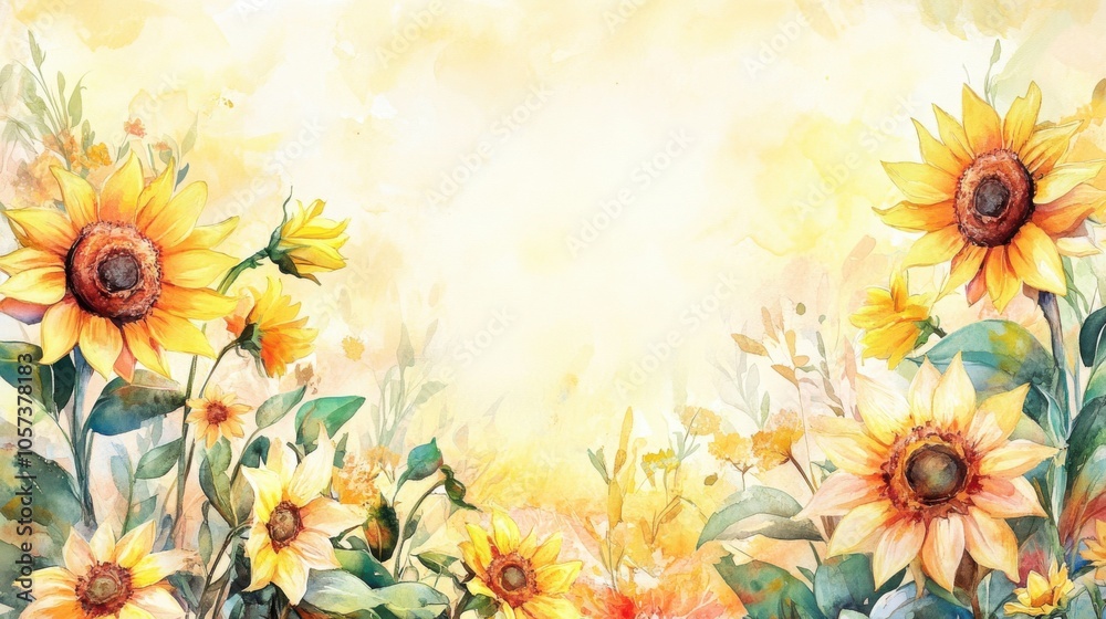 Obraz premium Bright and detailed watercolor border of sunflowers and daffodils