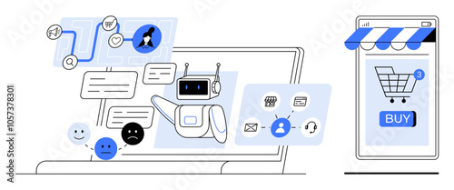 A robot interacting on a laptop with customer support tools like chat bubbles, workflow charts, emotions, and a shopping cart on a smartphone screen. Ideal for AI customer support, e-commerce