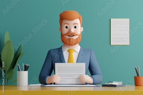 A cartoonish man with a beard sits at a desk, holding papers, surrounded by plants and office supplies in a colorful workspace.