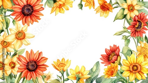 Bright and detailed watercolor border with sunflowers