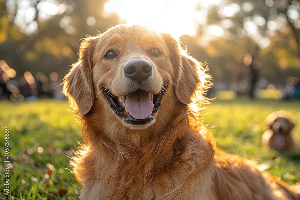 A golden retriever smiles in a sunlit park, embodying joy and companionship.