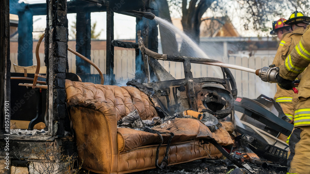 A close-up of charred remains of a house after a fire, with firefighters dousing the smoldering debris and remnants of furniture visible in the ash. A close-up of charred remains of a house after a fire, with firefighters dousing the smoldering debris and remnants of furniture visible in the ash.
