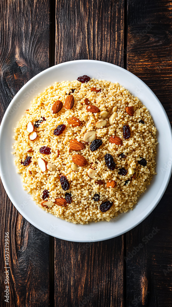 Couscous with almonds and raisins presented on a white plate, set on a dark wooden table Couscous with almonds and raisins presented on a white plate, set on a dark wooden table