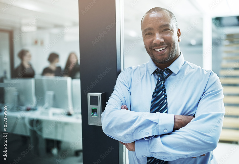Arms crossed, doorway and portrait of business man in professional workplace for start of career. Entrance, leaning and smile of happy African employee in company office for ambition or mission Arms crossed, doorway and portrait of business man in professional workplace for start of career. Entrance, leaning and smile of happy African employee in company office for ambition or mission