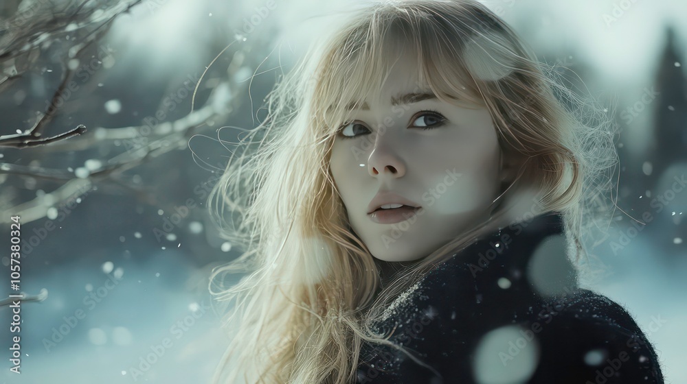 A young woman in a snowy landscape, gazing thoughtfully amidst falling snowflakes. A young woman in a snowy landscape, gazing thoughtfully amidst falling snowflakes.