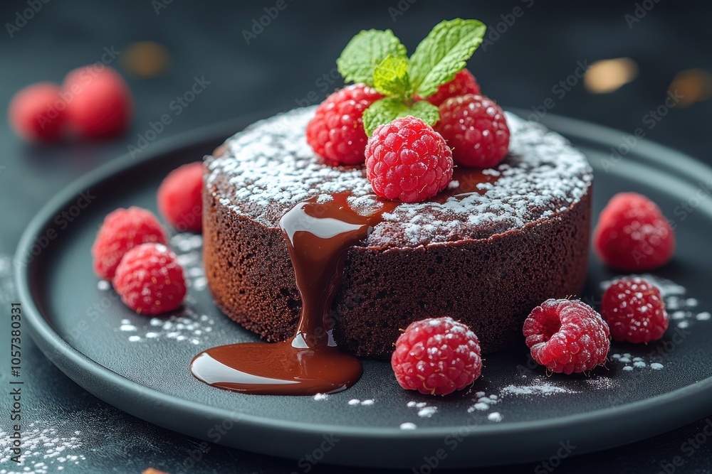 A decadent chocolate cake topped with raspberries and mint, drizzled with chocolate sauce. A decadent chocolate cake topped with raspberries and mint, drizzled with chocolate sauce.