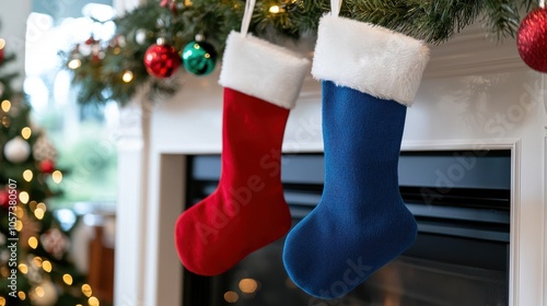 Red and Blue Christmas Stockings Hung on Fireplace Mantel