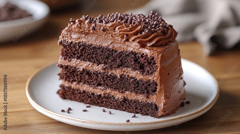 A slice of chocolate cake with rich frosting and sprinkles on a plate. A slice of chocolate cake with rich frosting and sprinkles on a plate.
