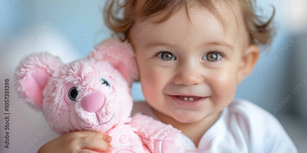 Happy toddler with curly hair smiles brightly while hugging soft pink stuffed animal, enjoying playful moment, expressing joy and innocence in cozy indoor setting. Happy toddler with curly hair smiles brightly while hugging soft pink stuffed animal, enjoying playful moment, expressing joy and innocence in cozy indoor setting.