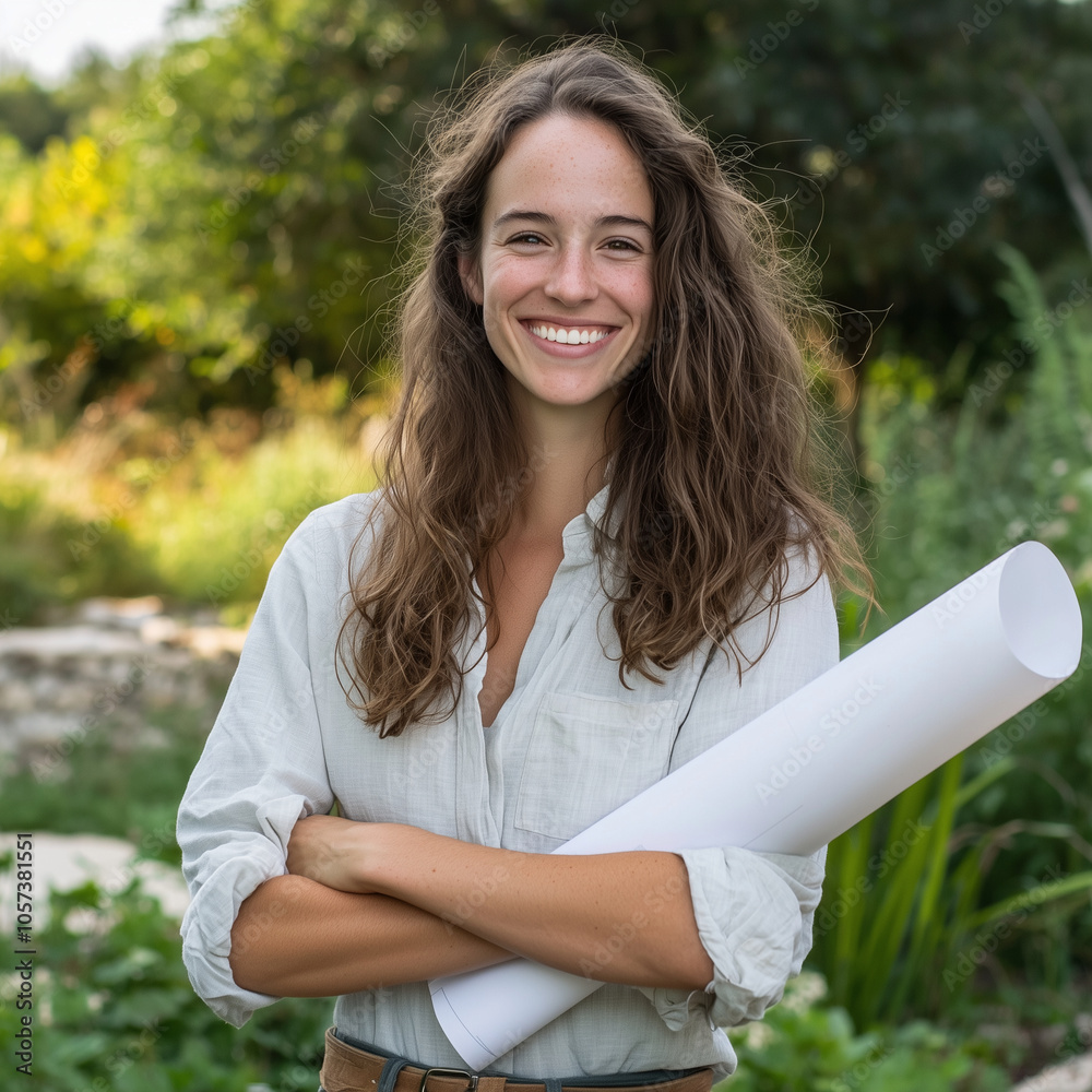Naklejka premium A confident environmental engineer with radiant smile holds blueprints outdoors, surrounded by lush greenery. Her passion for sustainability shines through her expression