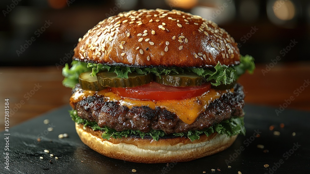 A delicious cheeseburger with lettuce, tomato, pickles, and a sesame seed bun. A delicious cheeseburger with lettuce, tomato, pickles, and a sesame seed bun.