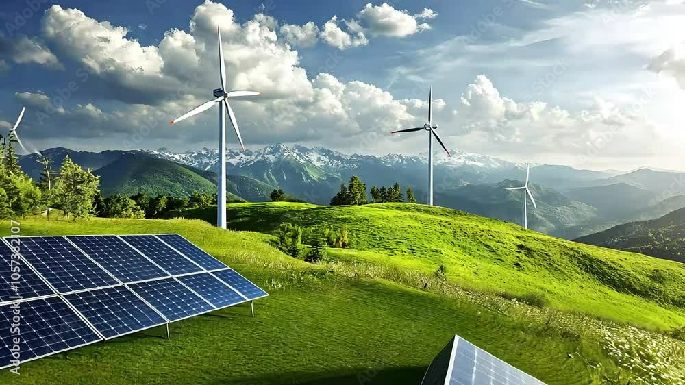 A scenic landscape featuring solar panels and wind turbines, symbolizing renewable energy and sustainability against a backdrop of mountains and a bright sky.