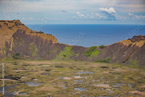 Caldera of Rano Raraku volcano on Easter Island. photo