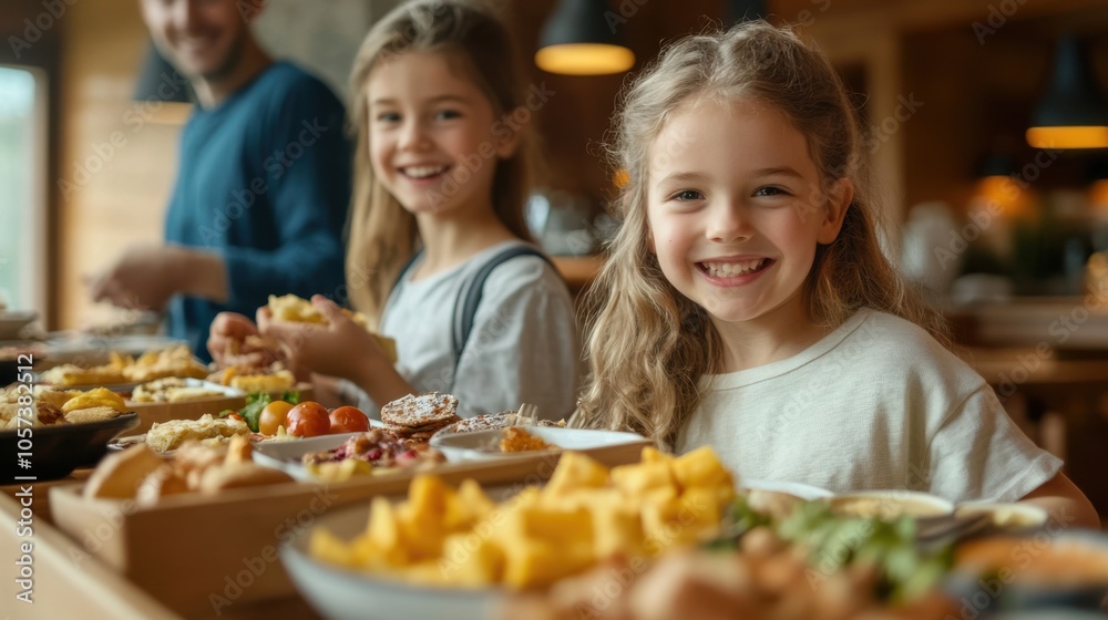 Excited children enjoying a buffet breakfast in a hotel, Excited children enjoying a buffet breakfast in a hotel,