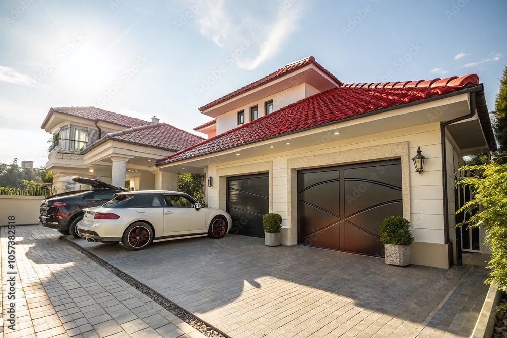 Luxurious Modern Two-Car Garage with Tiled Red Roof and Roller Door - Stunning Architectural Design Luxurious Modern Two-Car Garage with Tiled Red Roof and Roller Door - Stunning Architectural Design