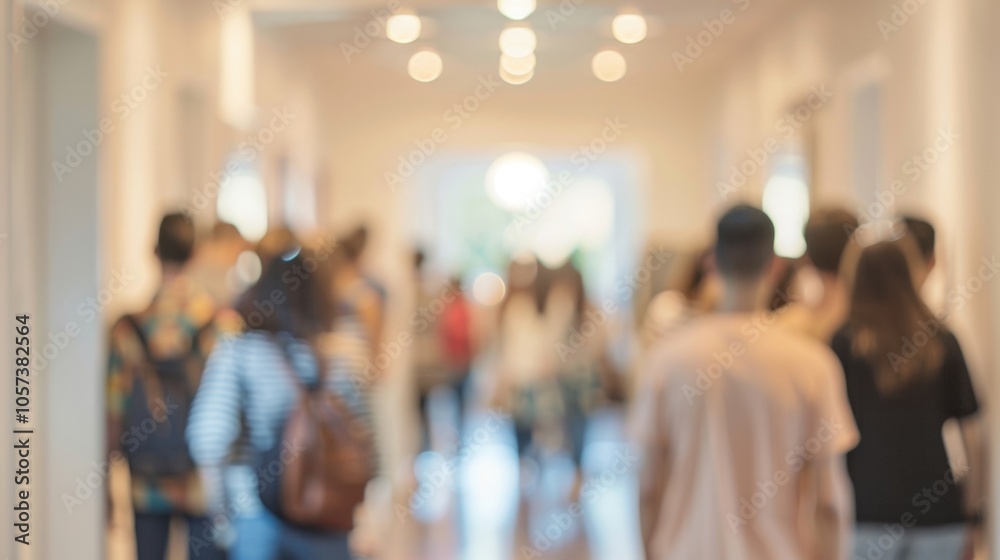 Fototapeta premium Defocused image of a crowded hallway filled with potential buyers at a real estate open house