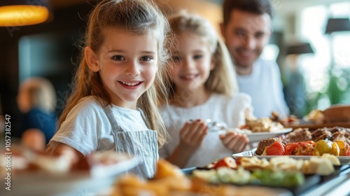 Excited children enjoying a buffet breakfast in a hotel,