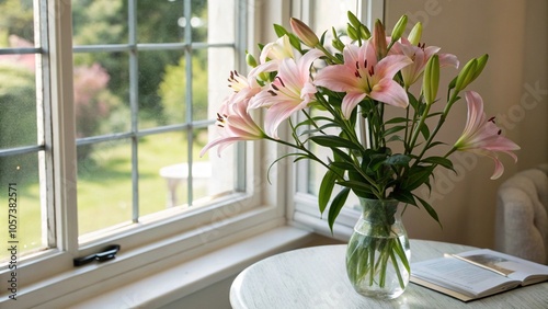 lilies flowers in vase on table by the window, peaceful lily and serene home decoration