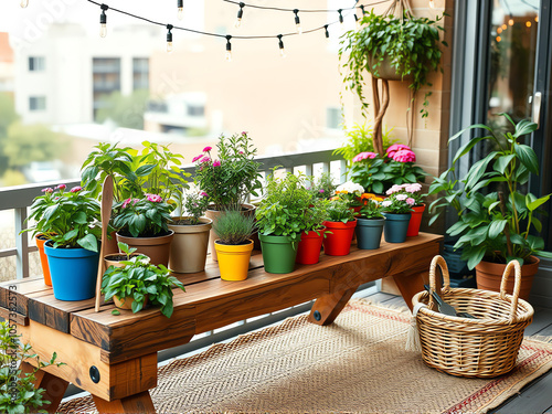 wooden bench surrounded by potted plants, offering a peaceful spot for relaxation in a garden setting photo