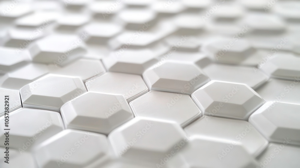 A close-up view of a textured hexagonal tile surface in a light color.