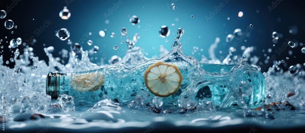 A bottle with lemon slices splashes in water, creating a refreshing scene. A bottle with lemon slices splashes in water, creating a refreshing scene.