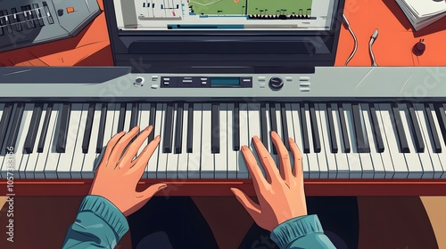 A student learning music theory in an online class with a digital piano, comic book style photo