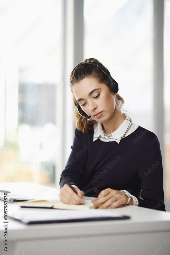 Business woman, headset and call center intern at desk with notes, crm and sales pitch planning. Notebook, pen and young professional with planner for telemarketing consultant or insurance script Business woman, headset and call center intern at desk with notes, crm and sales pitch planning. Notebook, pen and young professional with planner for telemarketing consultant or insurance script