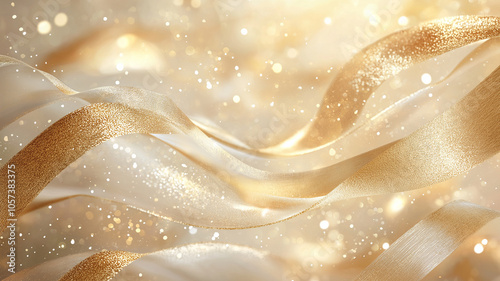 Golden ribbons and glitter drifting across soft background create dreamy and festive atmosphere. shimmering effect adds touch of elegance and celebration