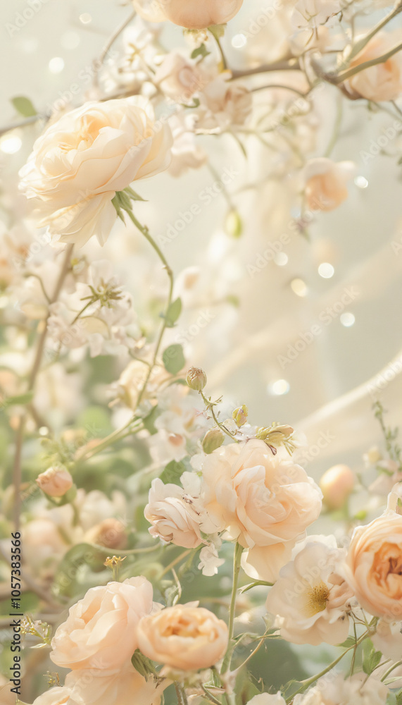 Fototapeta premium Delicate bouquet of peach roses and green leaves in soft light