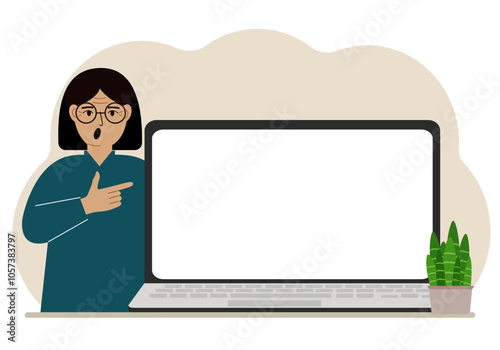 A woman next to a large laptop with plenty of space for text. Vector flat illustration