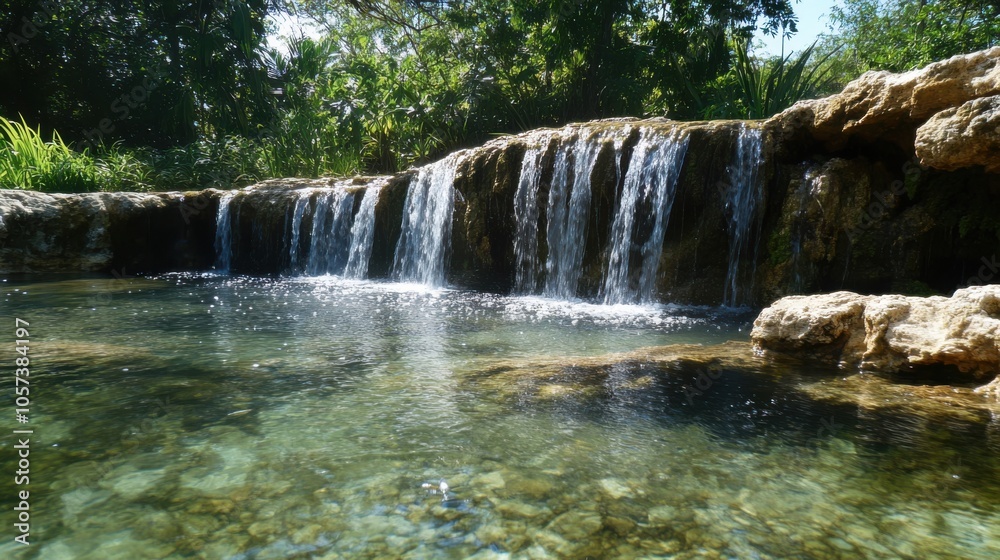 Obraz premium Gorgeous limestone waterfall, clear water flowing gently
