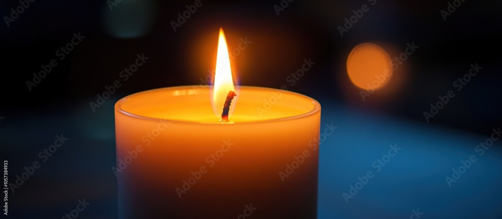 A single candle flame glows brightly against a dark background, casting a warm, inviting glow. A single candle flame glows brightly against a dark background, casting a warm, inviting glow.