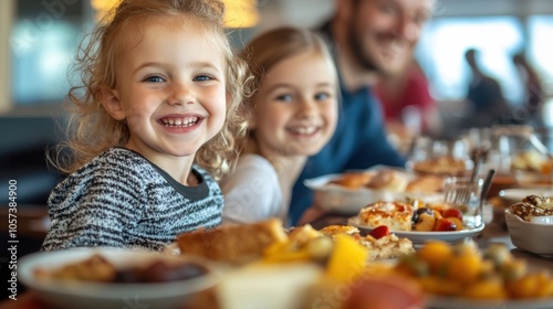 Happy kid and his sister smiling and enjoying a buffet breakfast