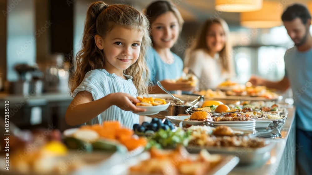 Happy young boy and girl enjoying their hotel breakfast buffet Happy young boy and girl enjoying their hotel breakfast buffet