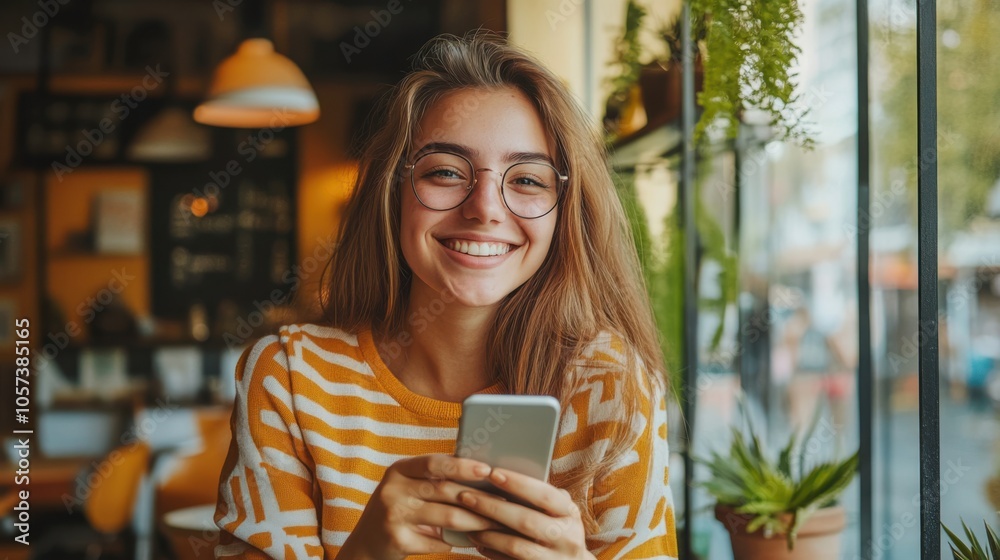 Happy young woman holding her smartphone and smiling, Happy young woman holding her smartphone and smiling,
