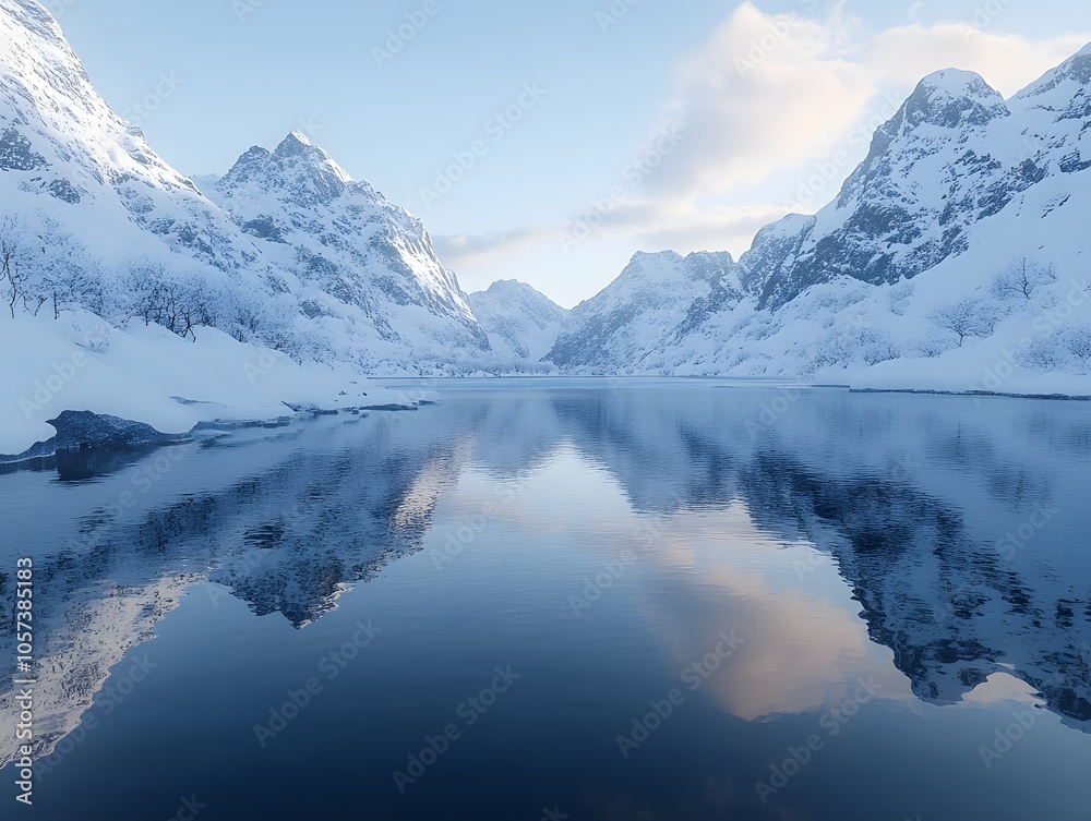 custom made wallpaper toronto digitalA serene winter landscape featuring snow-covered mountains and a calm reflective lake.