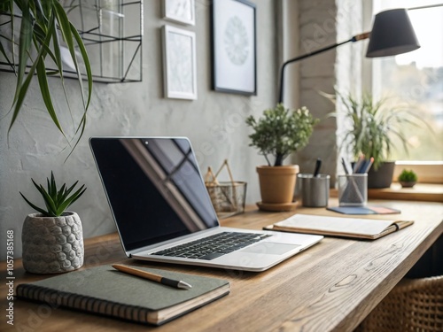 Modern Laptop on Stylish Desk - Enhancing Productivity and Creativity in Home Office Setup