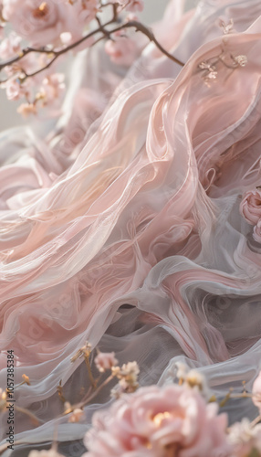 Soft flowing fabric with gentle pink tones and floral accents