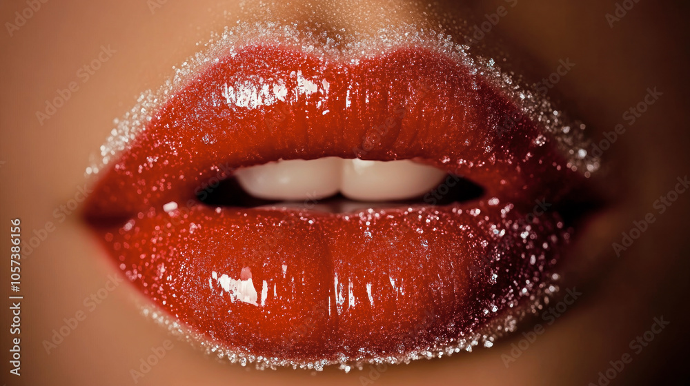 Woman's lips covered with sugar crystals close-up Woman's lips covered with sugar crystals close-up
