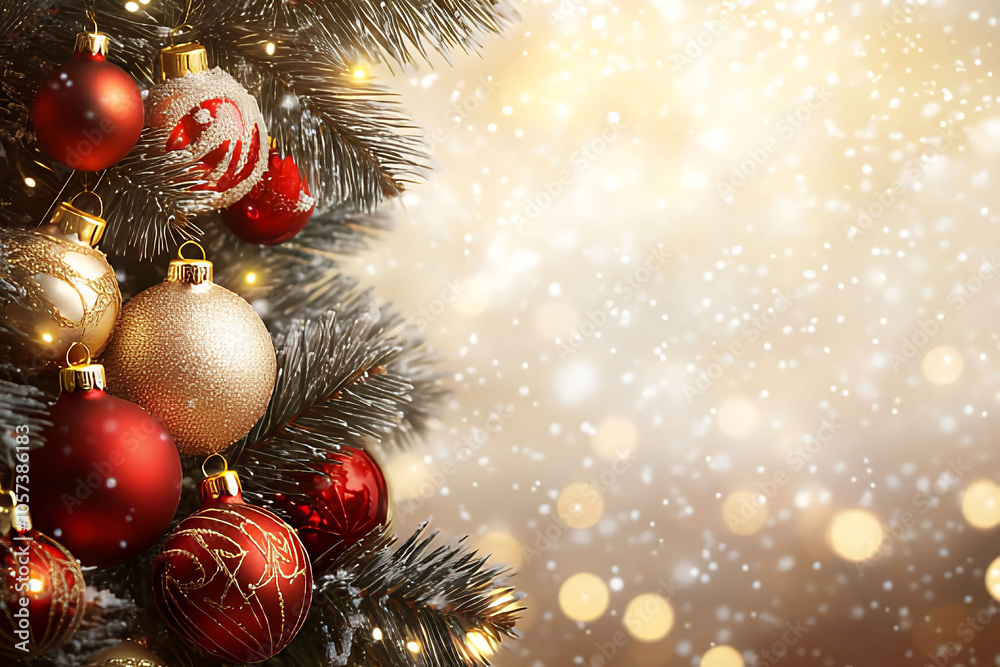 border from fir tree branches with christmas decorations ans space for text, blurry bokeh background, christmas background, christmas card, christmas invitation border from fir tree branches with christmas decorations ans space for text, blurry bokeh background, christmas background, christmas card, christmas invitation