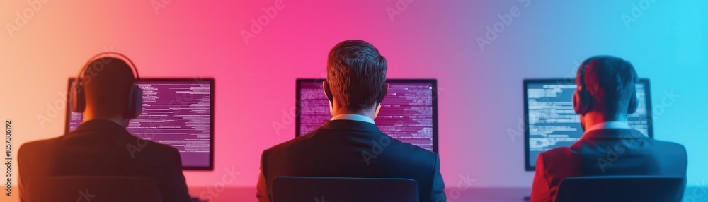 Three individuals sit at illuminated desks, focused on computer screens displaying code, immersed in a technology-driven environment. Three individuals sit at illuminated desks, focused on computer screens displaying code, immersed in a technology-driven environment.
