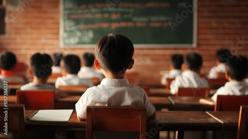 Back view of young students in a classroom with a blackboard in the background. Educational and learning concept